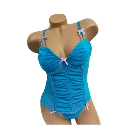 Charlotte Russe Women Lingerie 2-Piece Set Bustier Thong Panty Blue/Pink 36B
