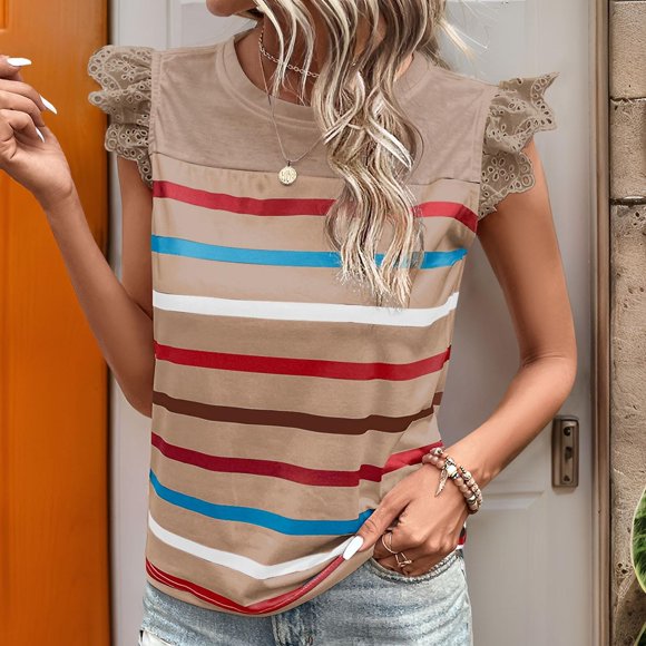 Mareep Womens Blouse S-XL Women's-neck Open Back Lace Sleeveless Casual Short Sleeved Women's Tops Clearance, Gift