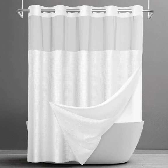 Waffle Weave Hookless Shower Curtain with Snap in Liner, DawnJoanHD White Polyester Fabric Shower Curtains with See Through Top Window, 71" x 74"