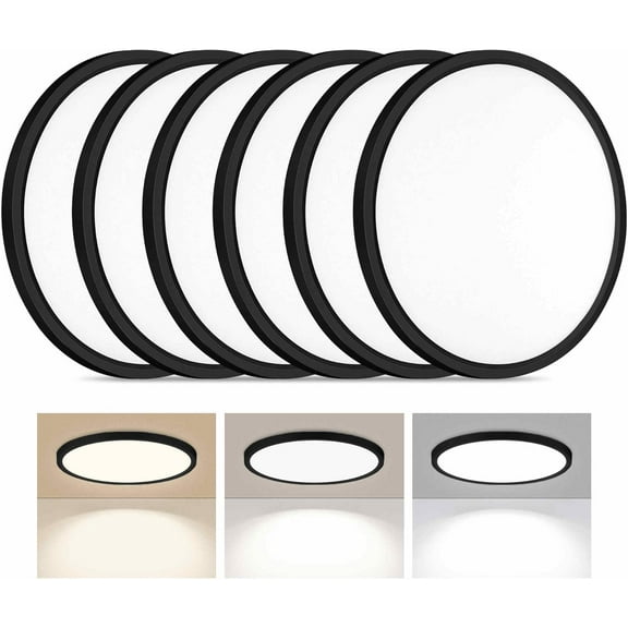 SRWEHG-6 Pack LED Flush Mount Ceiling Light, 24W Ultra Thin Round White Lamp 3000K/4000K/6500K 3 Color Temperatures Adjusted 12 Inch Modern Ceiling Lights, Black
