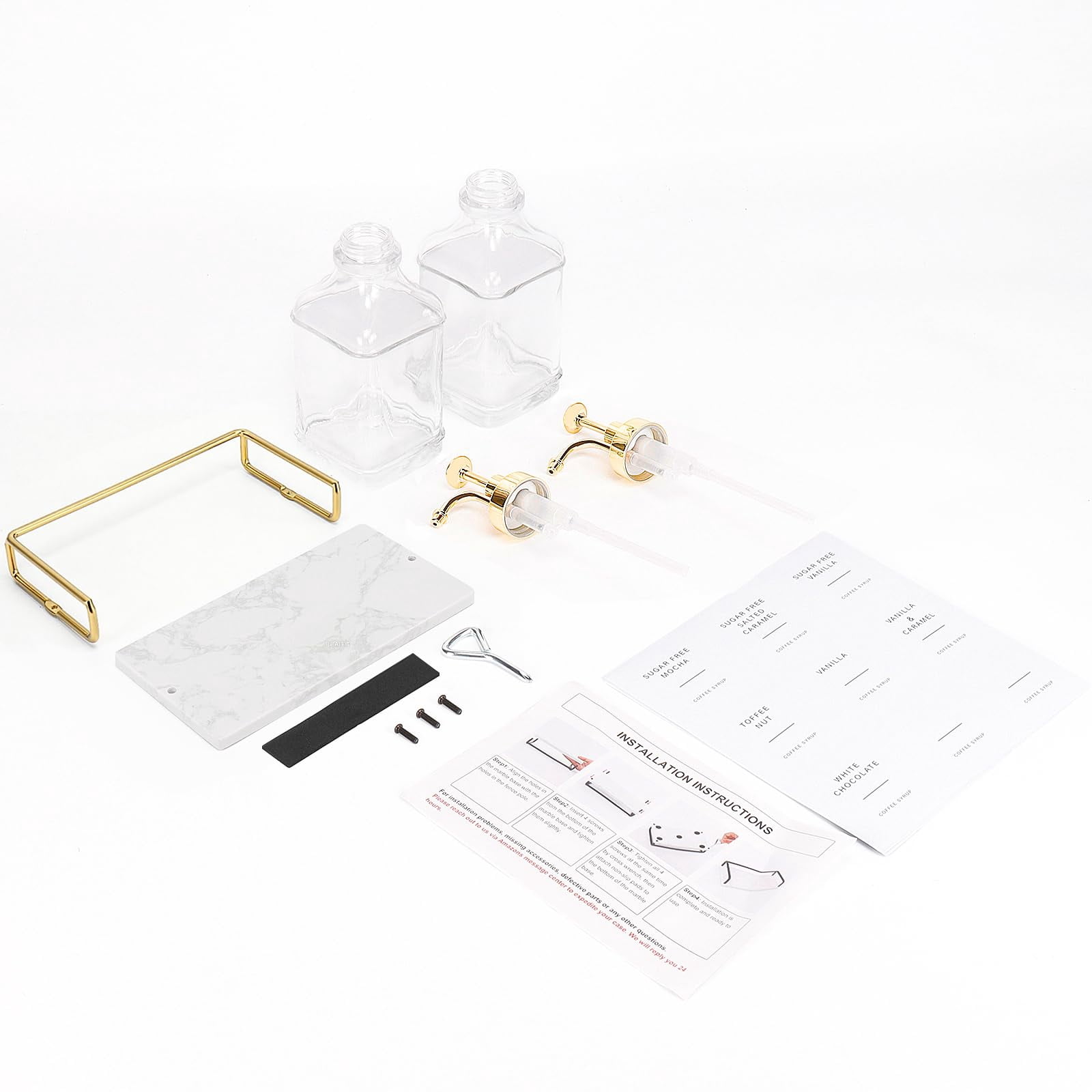 Coffee Syrup Dispenser For Bar  Clear Glass Bottles With Pump Refillable Maple Storage Station Accessories And Organizer 500ml Set Of 2 + Tray (gold)