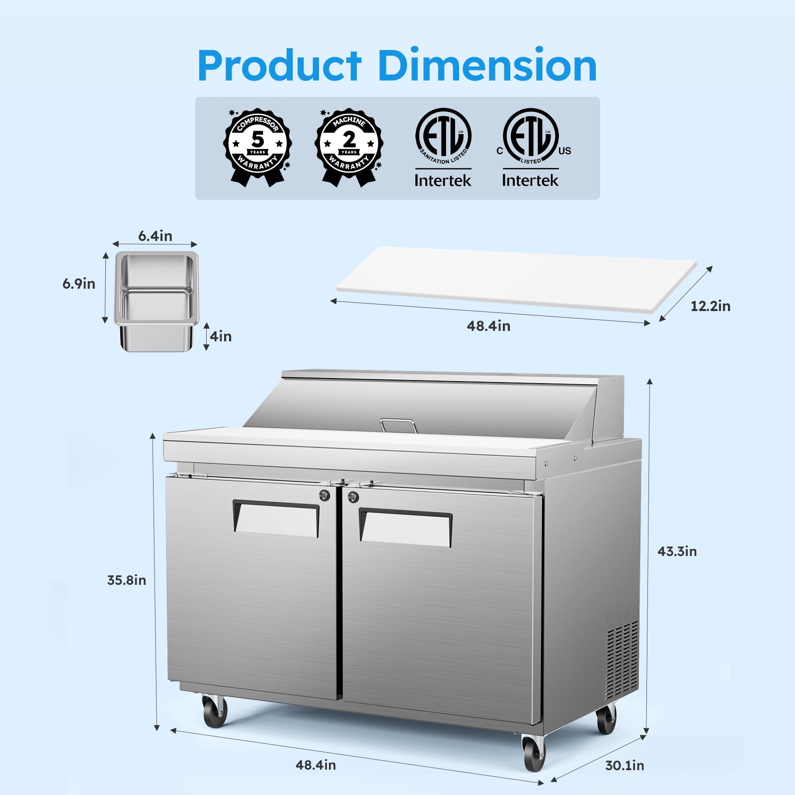 48" WCommercial Refrigerator Sandwich Salad Prep Table Refrigerators 2 Door with 12 Pans, Prep Station Fridge for Restaurant, Bars, Shops