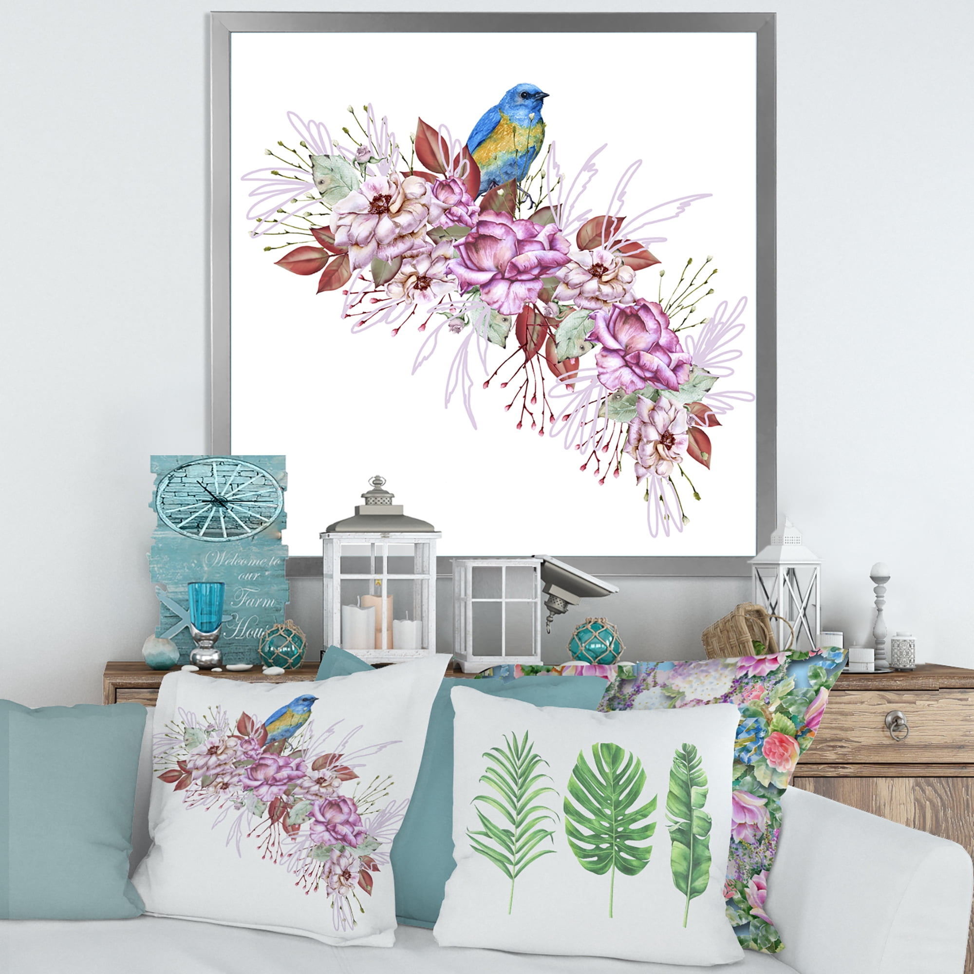 Designart 'Little Blue Bird Sitting On Colorful Boquet of Flowers' Traditional Framed Art Print