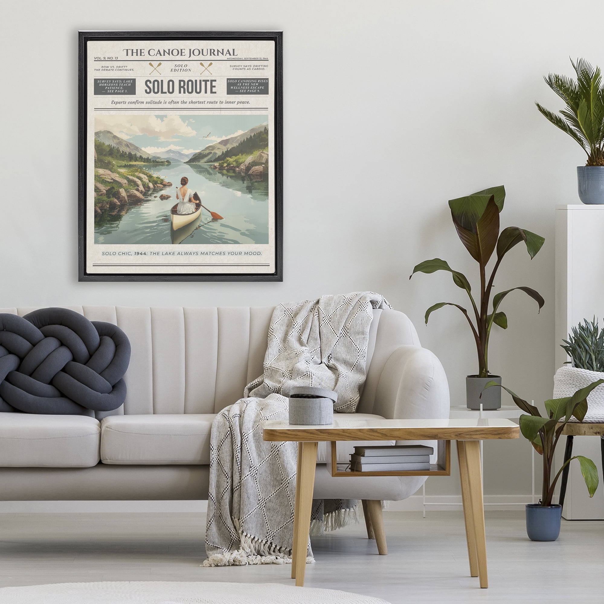 Stupell Industries Canoe Journal Newspaper Black Framed Floater Canvas Wall Art, design by A Barefoot Stylist
