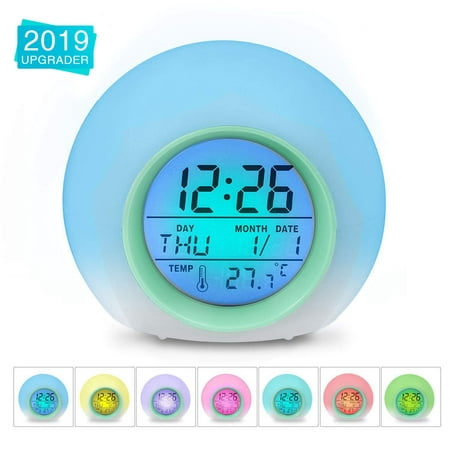 Alarm Clock,Kids Alarm Clock,7 Colors Changing Light Digital Clock for Boys and Girls ,with Indoor Temperature Calendar, Alarm Clock for Bedrooms, Wake Up Light,Kid Clock,Battery