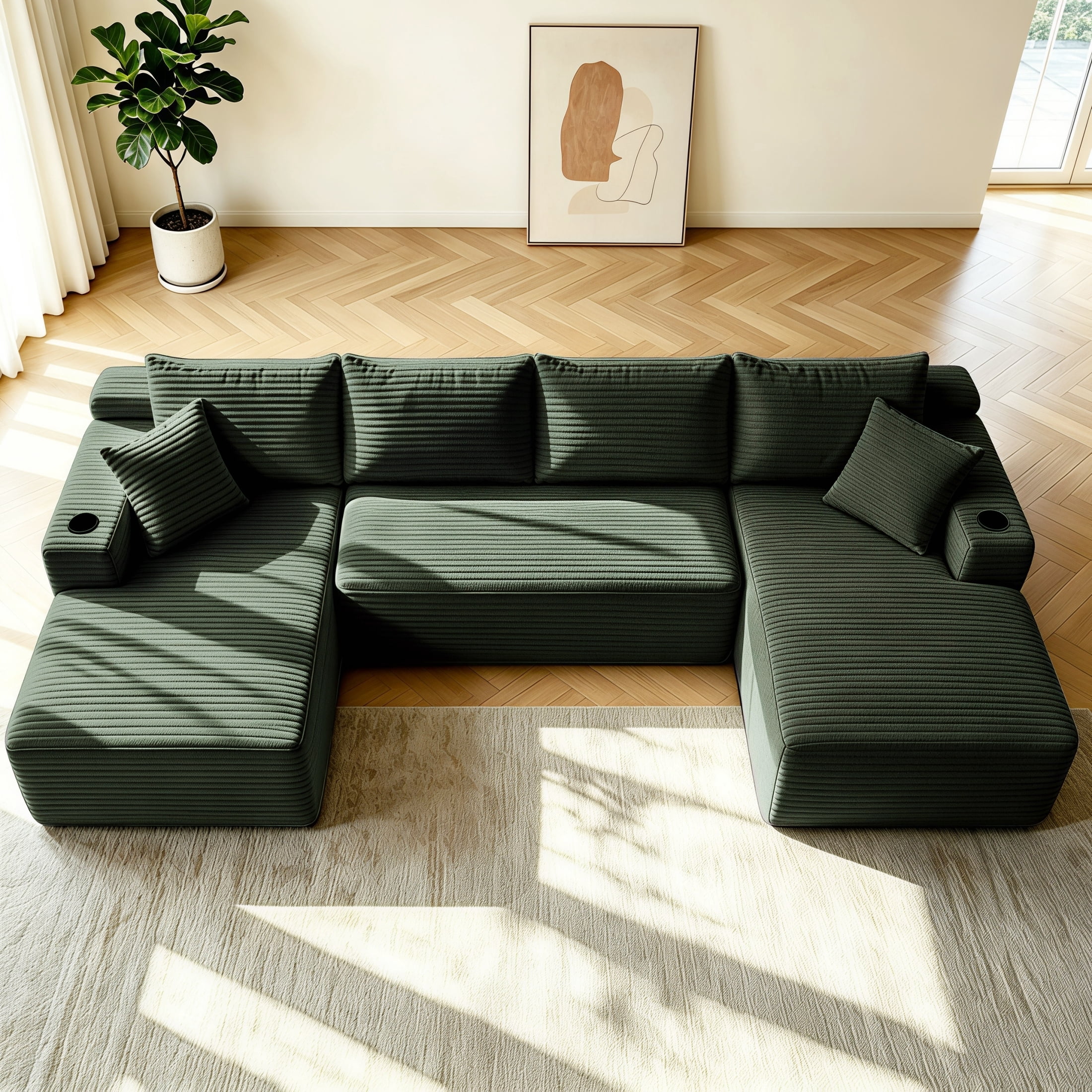 ShiKeyi 134" Modular U-Shaped Cloud Sofa, 5 Seater Corduroy Sectional Couch with Deep Seats Double Chaise & Soft Boneless Design, Green