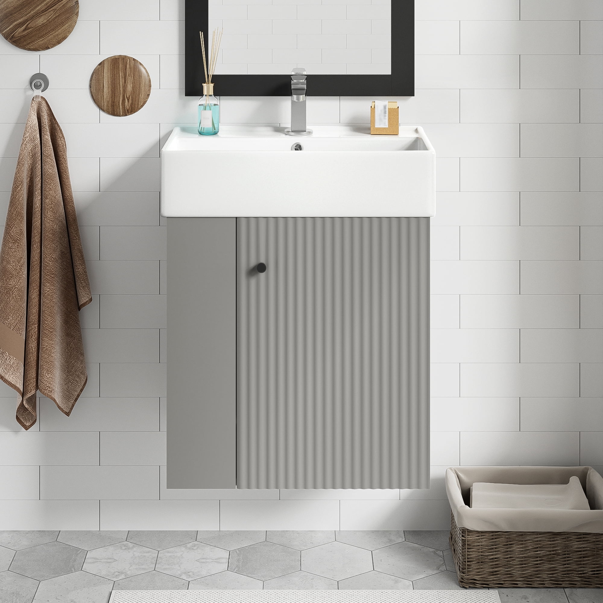 Euroco 21.6 inch Modern Floating Bathroom Vanity with Ceramic Basin - Perfect for Small Bathrooms, Left side storage