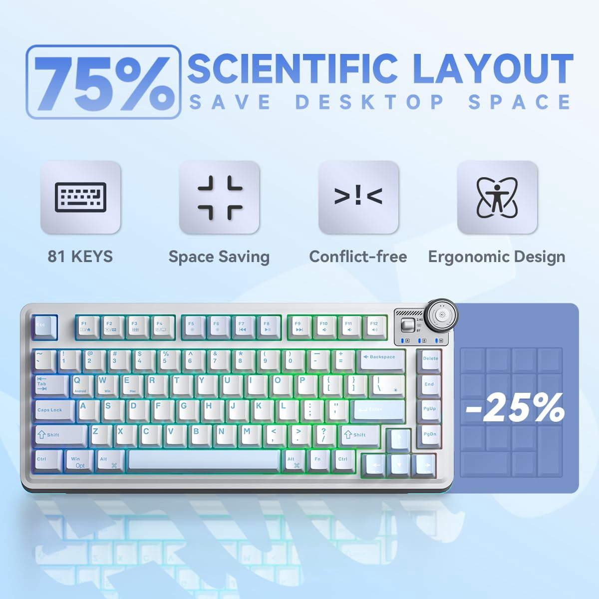 Aula AU75 Wireless Mechanical Keyboard, Hot Swap Gasket Gaming Keyboard with Knob, 4000mAh, 75% Five-Layer Padding PBT Keycaps, Blue