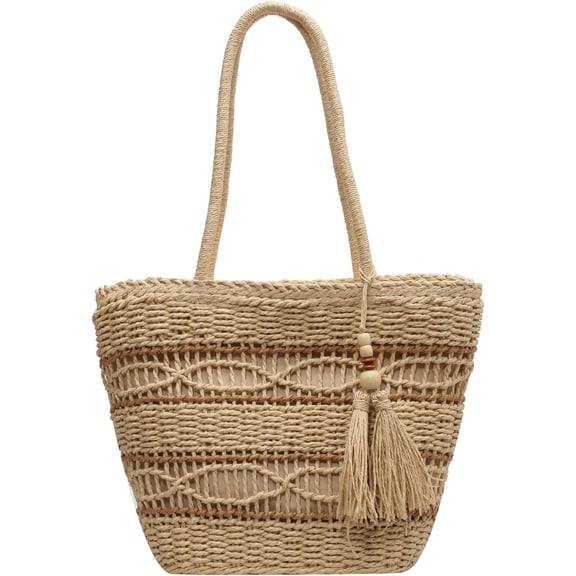 JUYGO Straw Beach Bag, Summer Woven Tote Bag with Tassels Shoulder Handbag Straw Purses and Handbags for Women