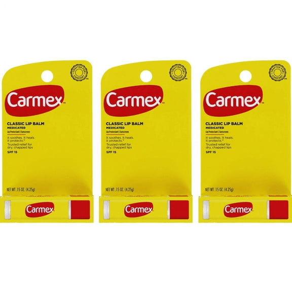 Carmex Classic Medicated Lip Balm Stick, Original, SPF 15, 0.15 oz (3 Pack)