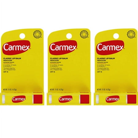 Carmex Classic Medicated Lip Balm Stick, Original, SPF 15, 0.15 oz (3 Pack)