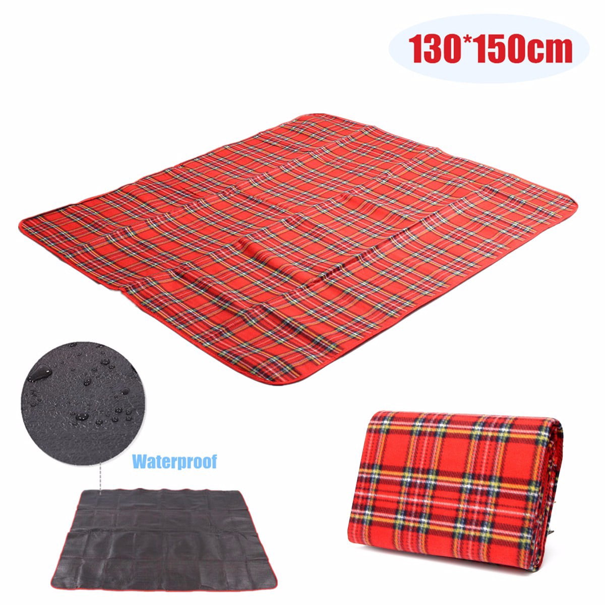 Extra Large Outdoor Waterproof Blue and White Plaid Picnic BlanketFleece 