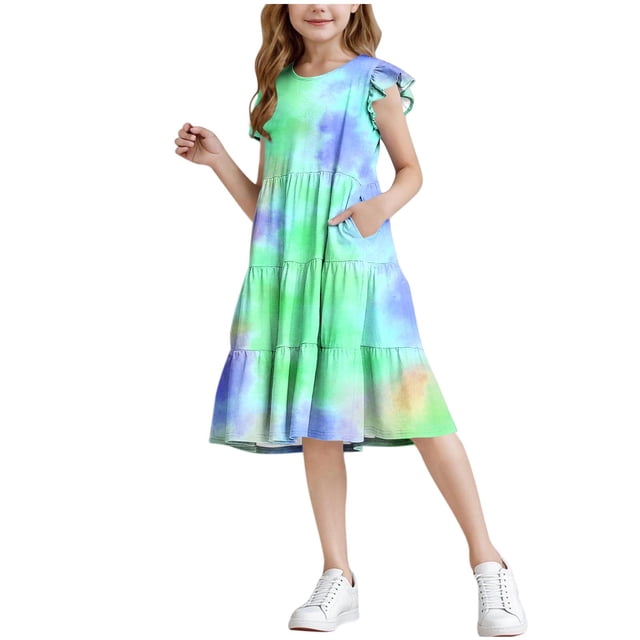 ZACPNCV Robe Fille Manches à Volants à Étages Évasée Ligne A Mignonne Midi Décontractée Robe d'Été Vert 5-6 Ans