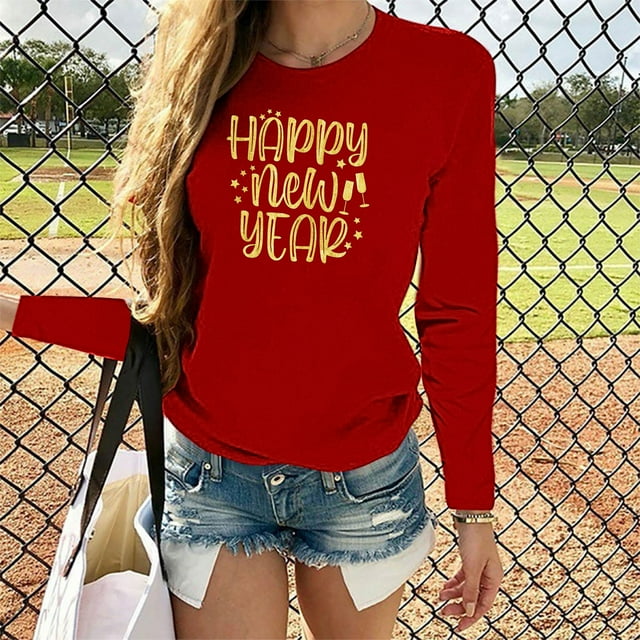 T-shirt Imprimé Bonne Année pour Femmes Manches Longues Blouse Décontractée