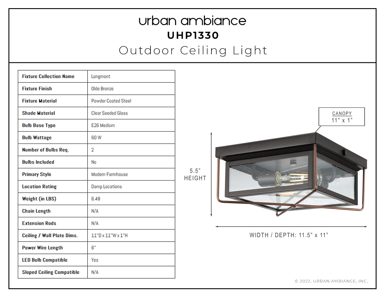 Luxury Vintage Ceiling Light, 5.5H x 11.5W, with Old World Style, Olde Bronze, UHP1330 by Urban Ambiance