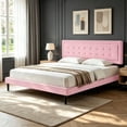thumbnail image 3 of Gewnee King Size Bed Frame with Sturdy Wood Slats & Center Leg,No Box Spring Needed,Upholstered Headboard,High Under-Bed Clearance.Pink, 3 of 13