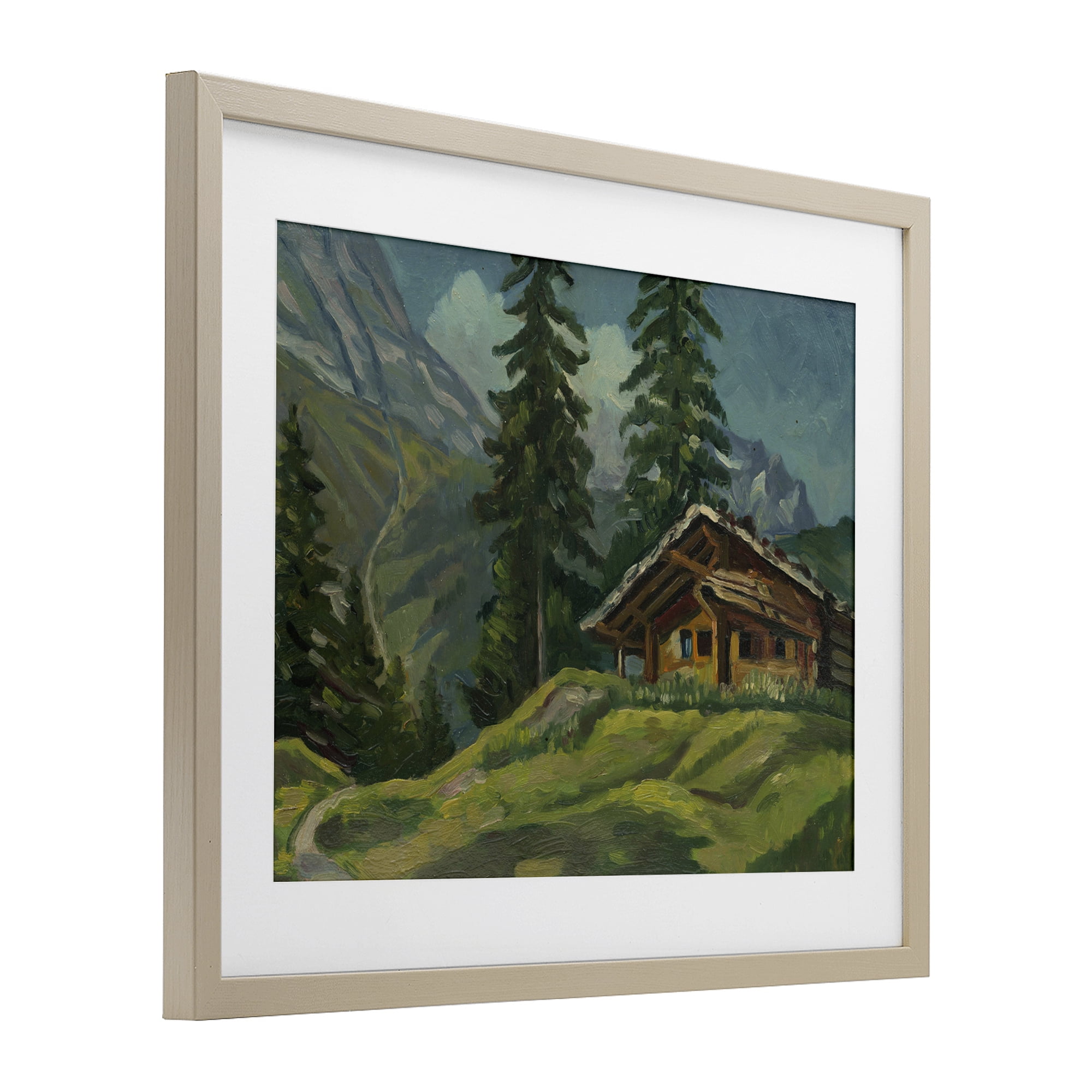 Cabin At Base Of Mountain Birch Framed Print Under Glass, design by Lettered and Lined