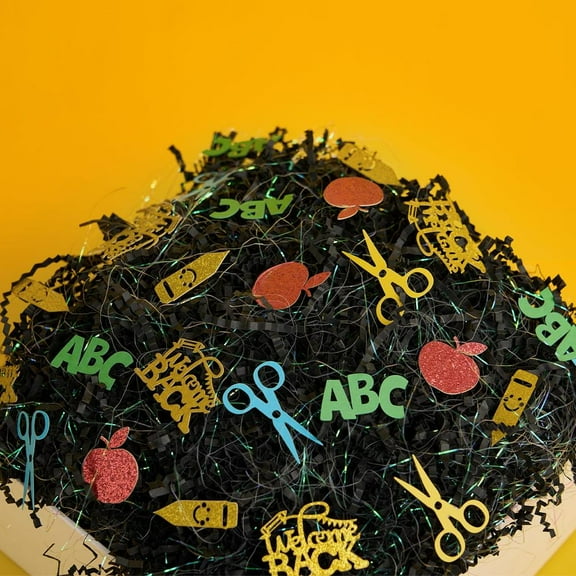 PAPER FAIR 1 LB Back to School Black Crinkle Cut Paper Shred Filler w/Confetti, Iridescent Glitter Strand Raffia Tissue Craft Bedding Cushion, Homecoming Prom School Return Day Party Gift Box Basket