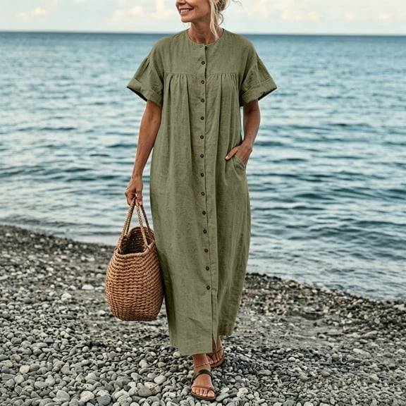ClodeEU Women's Crew Neck Short Sleeve Maxi Dress with Pockets,Casual Loose Summer Vacation Dress Army Green,Women's Plus L