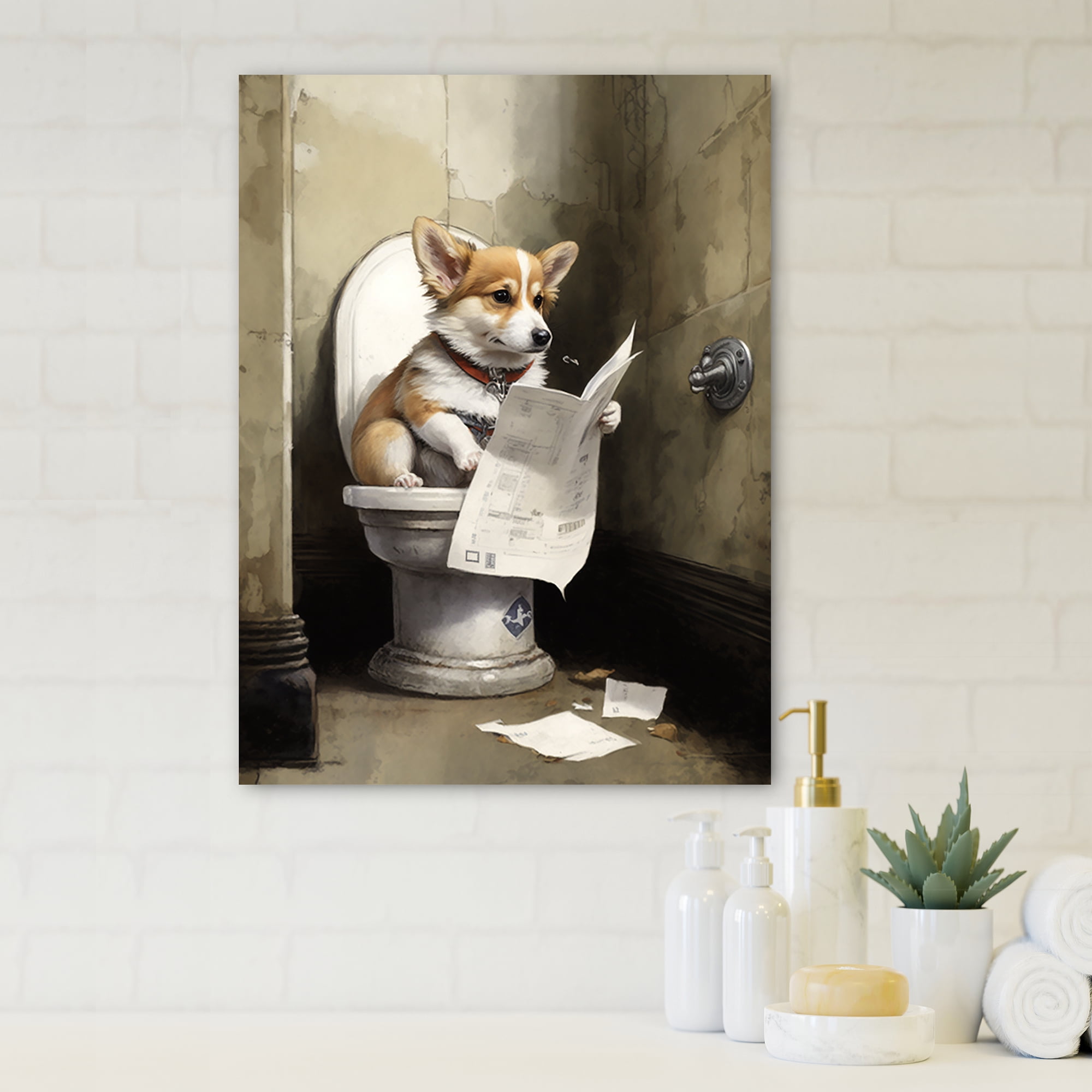 Designart Silly Corgi Reading News On Toilet Canvas Wall Art