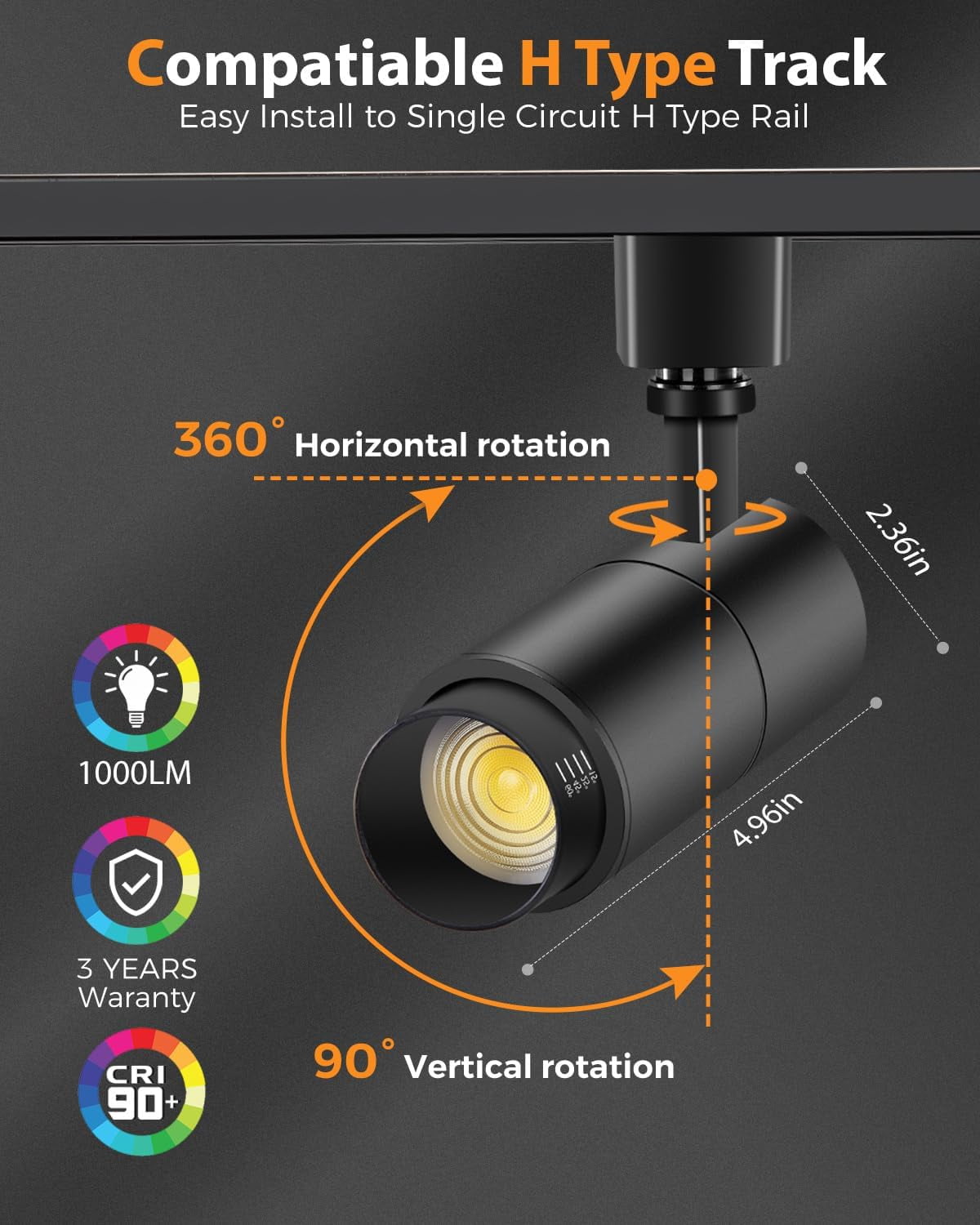 VANoopee 3-Color Zoomable 6 Light LED Track Lighting Kit with 6.6FT H Type Track Lighting Rail, Dimmable Modern Kitchen Track Lighting Fixtures Ceiling Spotlight 10W 1000lm Black