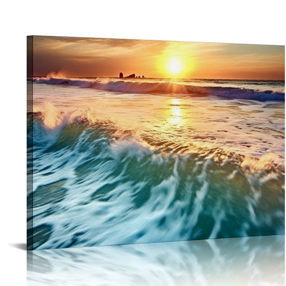 JRXY Sea Waves Large Canvas Prints Wall Art Ocean Beach Pictures Paintings Ready to Hang for Living Room Bedroom Home Decorations Modern Stretched and Framed Seascape Giclee Artwork 20x16in