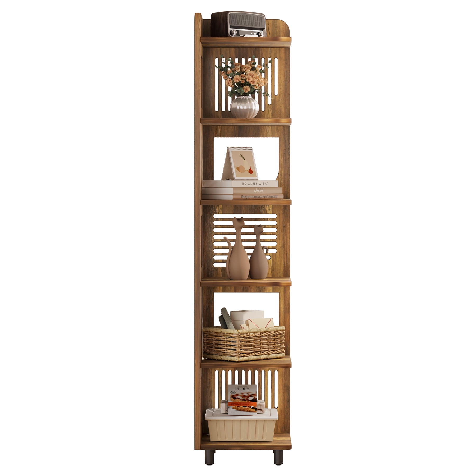 Fnova 71" 6-Tier Tall Corner Bookshelf, Rustic Wooden Narrow Corner Bookcase with Artistic Square Rack, Freestanding Display Storage Shelf for Space-Saving Home Organizing