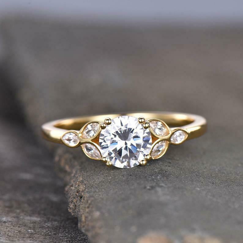 HeartsAndYou 1.5ct Round Cut Moissanite Engagement Ring for Women Leaf Marquise Accent 18k Yellow Gold Over Silver