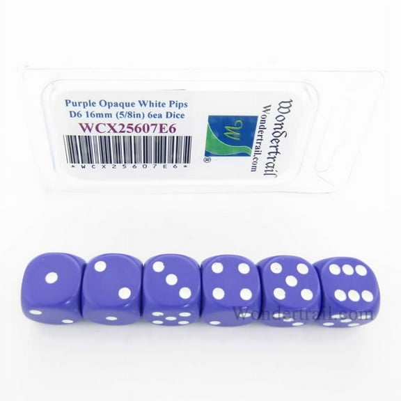 Purple Opaque Dice with White Pips D6 16mm (5/8in) Pack of 6 Wondertrail