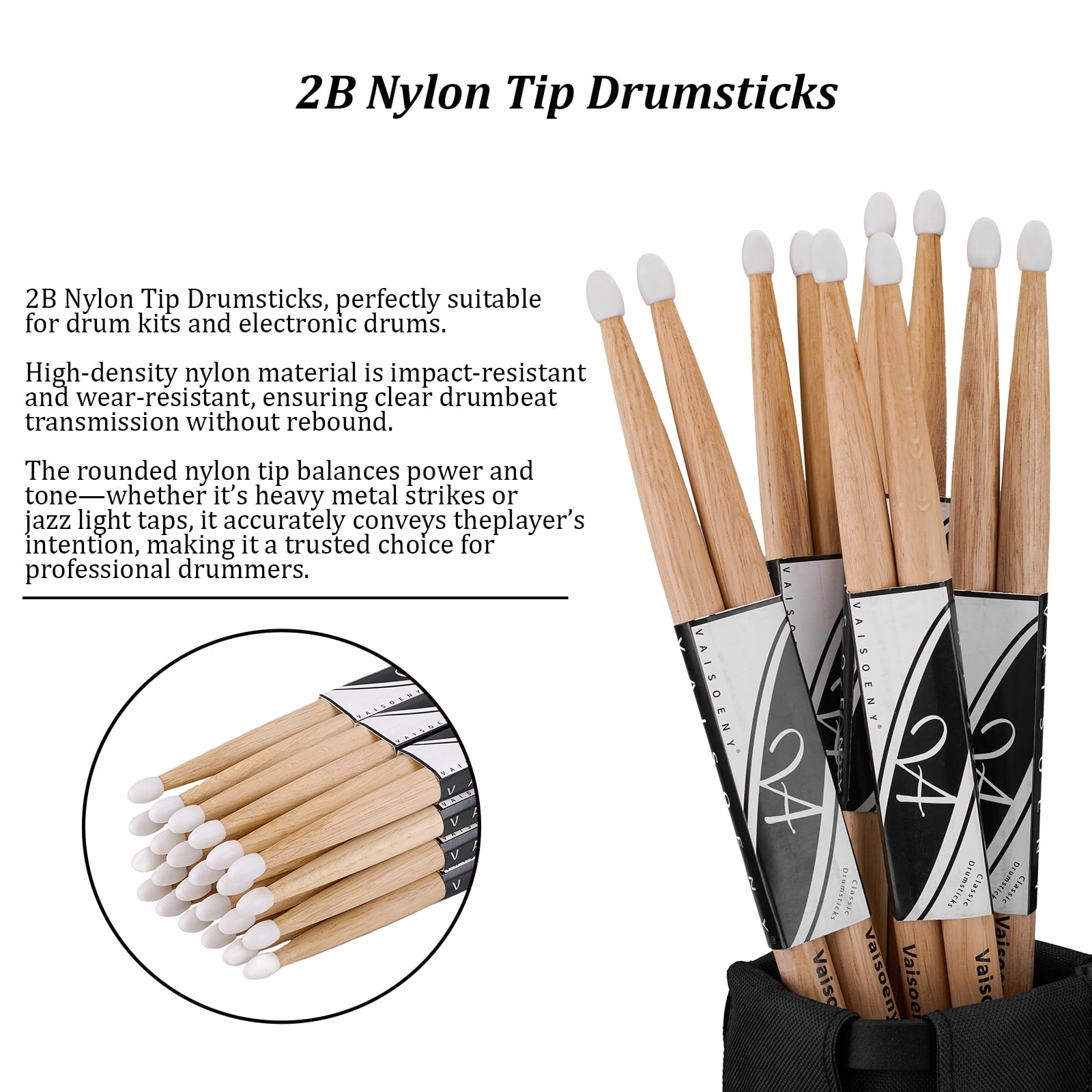 Vaisoeny 2B Drumsticks, Nylon Tip Drum Sticks Set for Acoustic Drums or Electronic Drums, Oval Nylon Tip Oak Drumsticks for Drummers and beginners (12 Pair)
