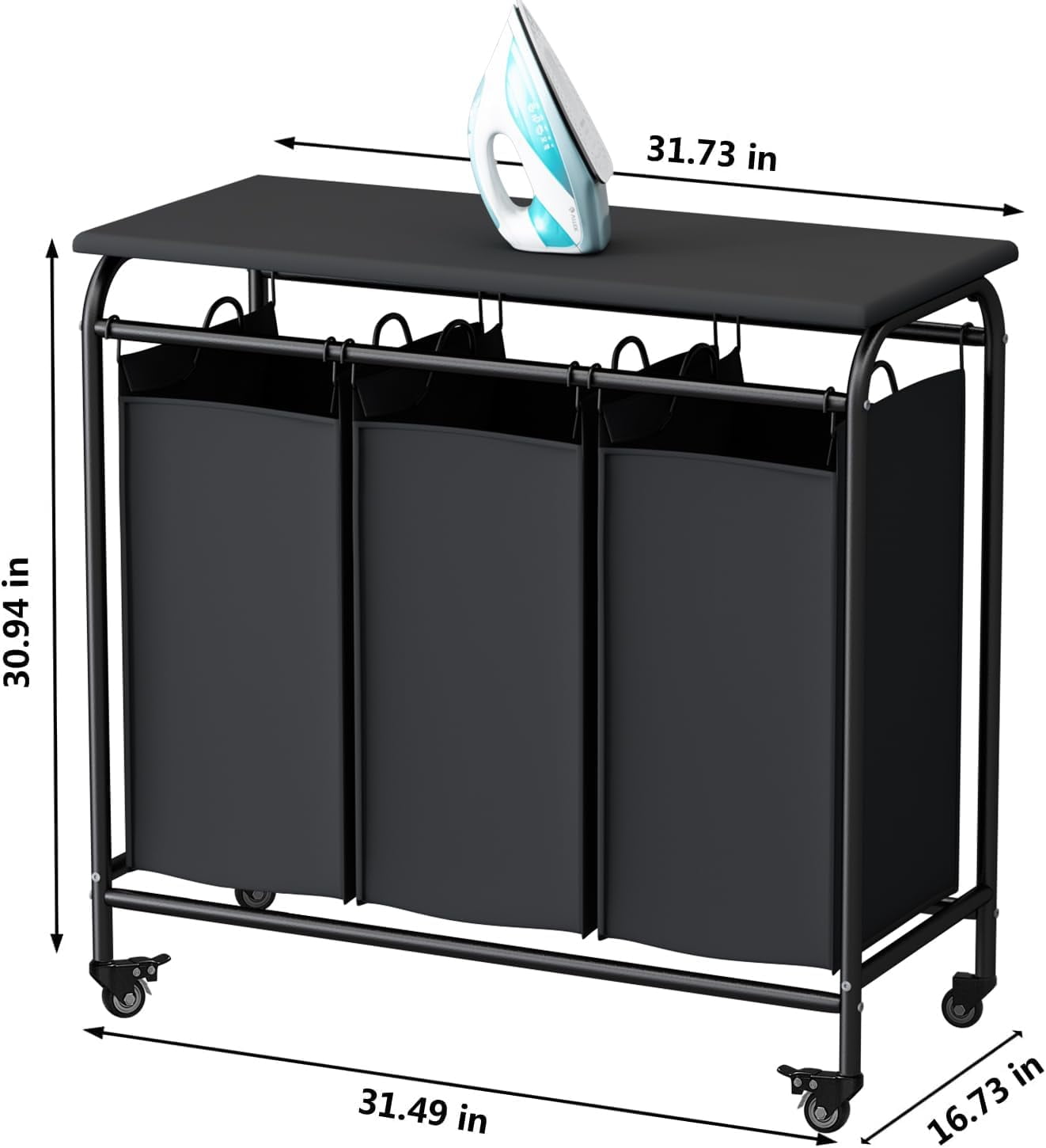 3 Bag Laundry Basket Sorter Heavy Duty Rolling Lockable Wheels Laundry Hamper Cart with Ironing Board and Removable Bags, Black