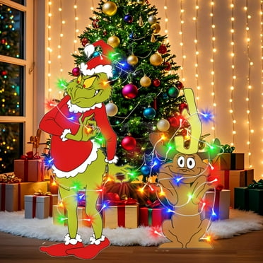 GuassLee Christmas Decorations Indoor Christmas Tree Decor - 2pcs  Lighted Green Gnome Christmas Yard Signs Welcome Signs with LED String Lights Back Braces for Yard Garden Lawn Outdoor Deco