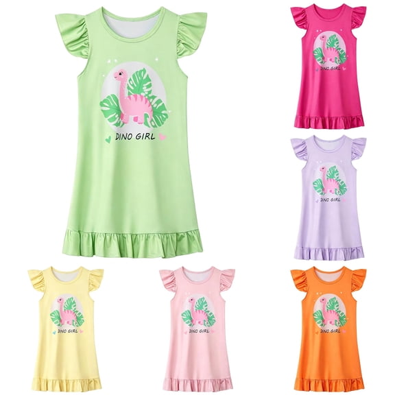 Gunia Little Girls Nightgown Princess Pajamas Playful Nightdress Cute Dinosaur Print Flutter Sleeves Cozy Cute Night Gowns Pjs Loungewear Light Green 6-7 Years
