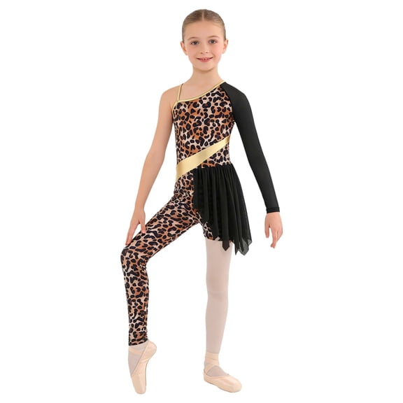 Raenseen Girls Kids Gymnastics Dance Outfit One Shoulder Long Sleeve Dancewear Leopard Color Block Bodysuit Jumpsuit Black 16