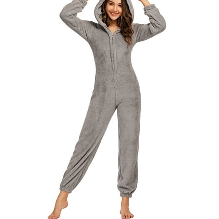 

Jkerther Women One Piece Fleece Pajamas Jumpsuit Cartoon Bear Hooded Fuzzy Warm Sherpa Romper Sleepwear