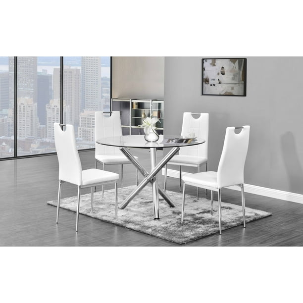 Best Master Furniture Crystal 5 Pcs Round Glass Dining Set White Com Pcs Round Glass Dining Set, Round Glass Breakfast Table Set