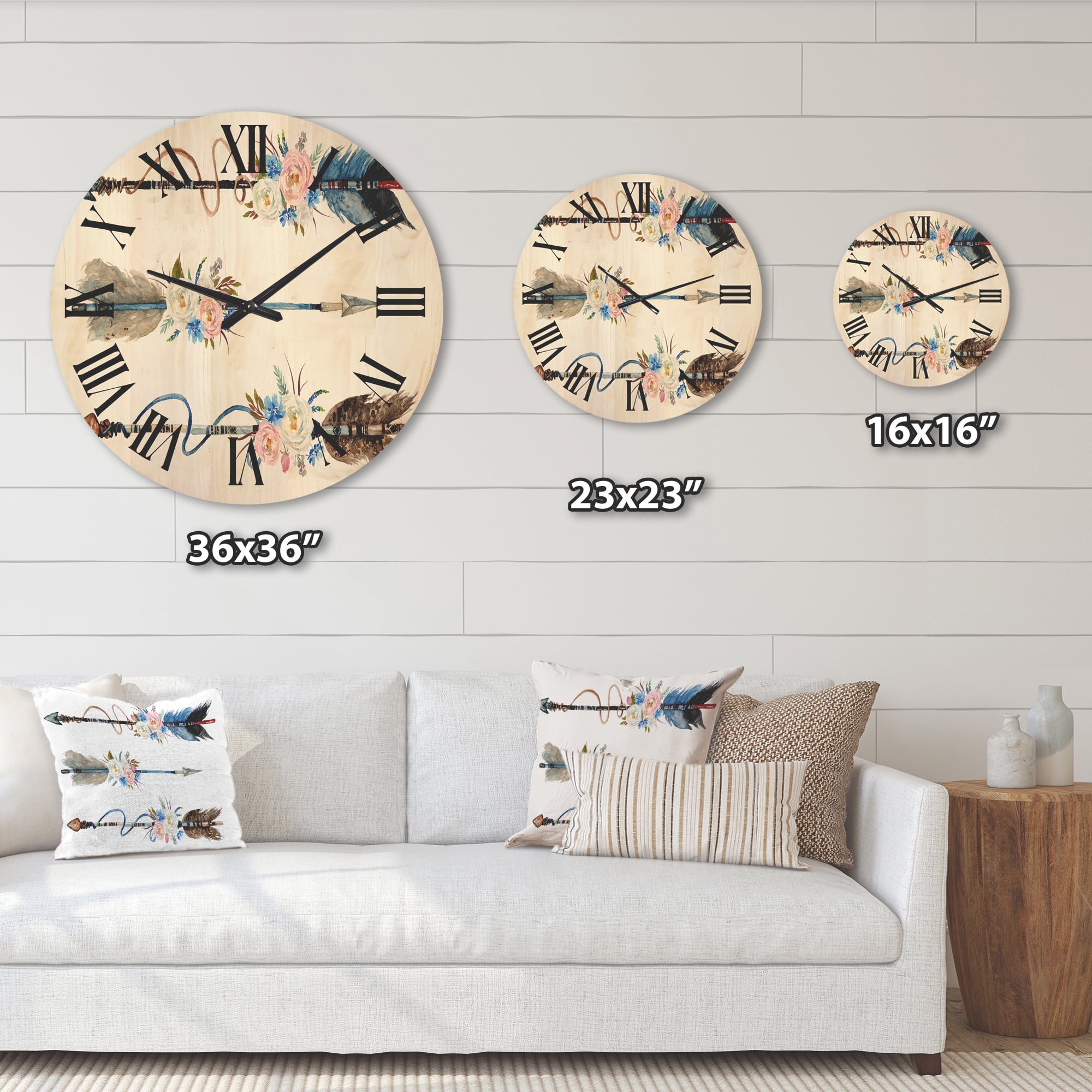 Designart 'Flowers and Ethnic Feathers On Native Arrows I' Bohemian & Eclectic Wood Wall Clock