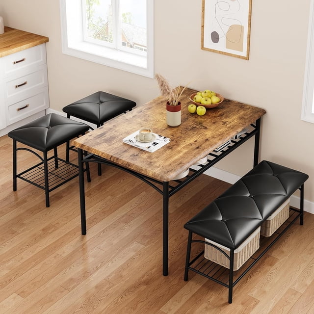 Dining Table Set for 4 with Upholstered Bench, Stools & Storage, Rustic Metal & Wood