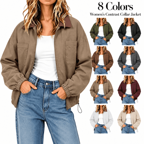 Kizanda Women No Hood Zip up Jacket with Drawstring Hem, Chest Pockets Turn down Collared Color Blocked Fashion Loose Fit Outerwear Coat, Casual Raglan Sleeve Elastic Cuffs Trendy Fall Winter Top XL