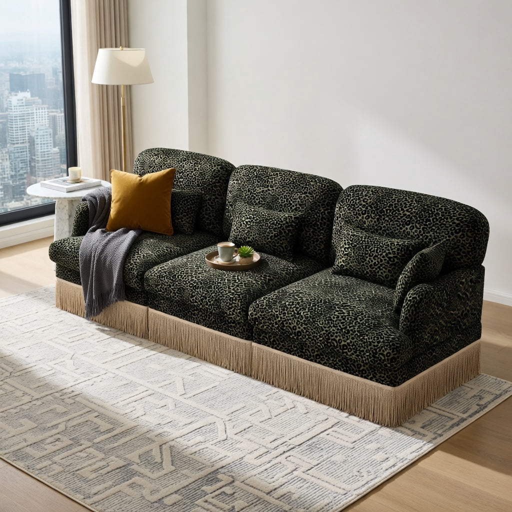 Hommoo 100" Modern Leopard Print Chenille 3-Seat Modular Sectional Sofa, Deep Seat Design with Tassel Trim, Ergonomic Support & Easy Tool-Free Assembly, Green Black