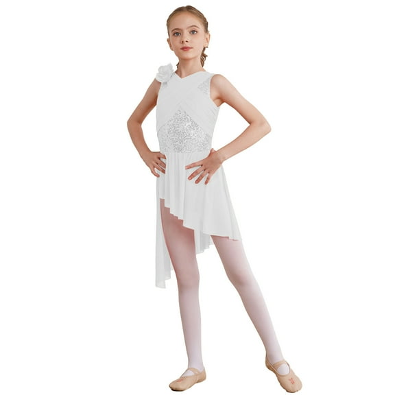 TiaoBug Girls Sequins Sleeveless Lyrical Irregular Leotard Dress Modern Ballet Jazz Dance Costume White 8