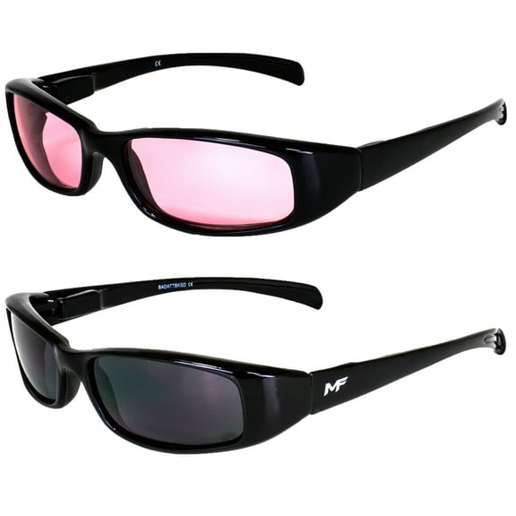 2 Pairs of MF Eyewear Bad Attitude Cool Wraparound Motorcycle Sunglasses Black Frames with Rose & Smoke Lenses