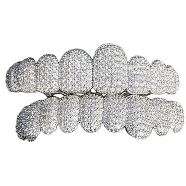 Men's Grillz Set Silver Tone 10 Top and Ten Bottom Teeth Iced CZ Bling Out Hip Hop Grills