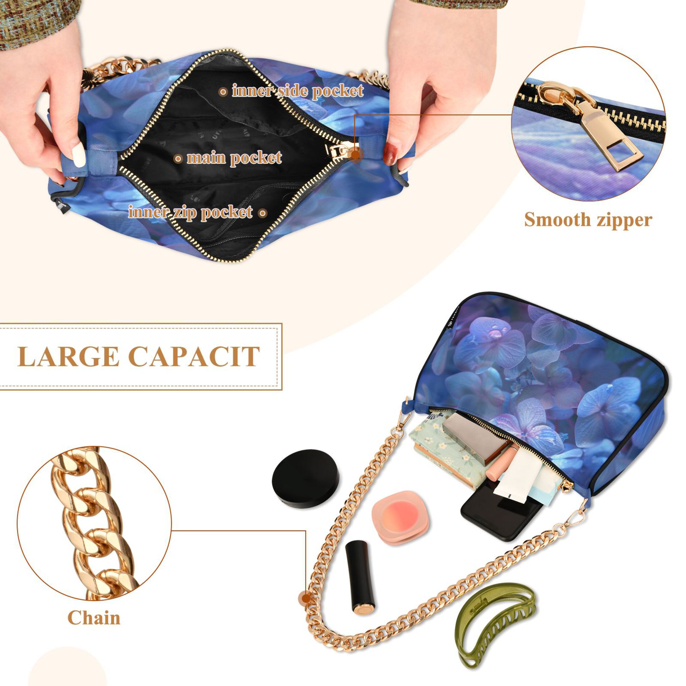 Ryvnso Hydrangeas with Water Drop Womens Chain Shoulder Bag Tote Handbags Clutch Hobo Purse with Zipper for Travel
