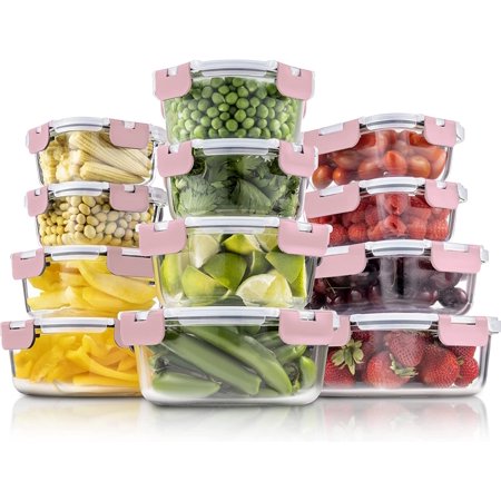 FineDine 24-Piece Superior Glass Food Storage Containers Set - Newly Innovated Hinged Locking lids - 100% Leakproof Glass Meal-Prep Containers, Great On-the-Go & Freezer-to-Oven-Safe Food Containers Pink