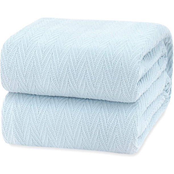 Luxury Thermal Cotton Blankets, Queen Size Light Blue