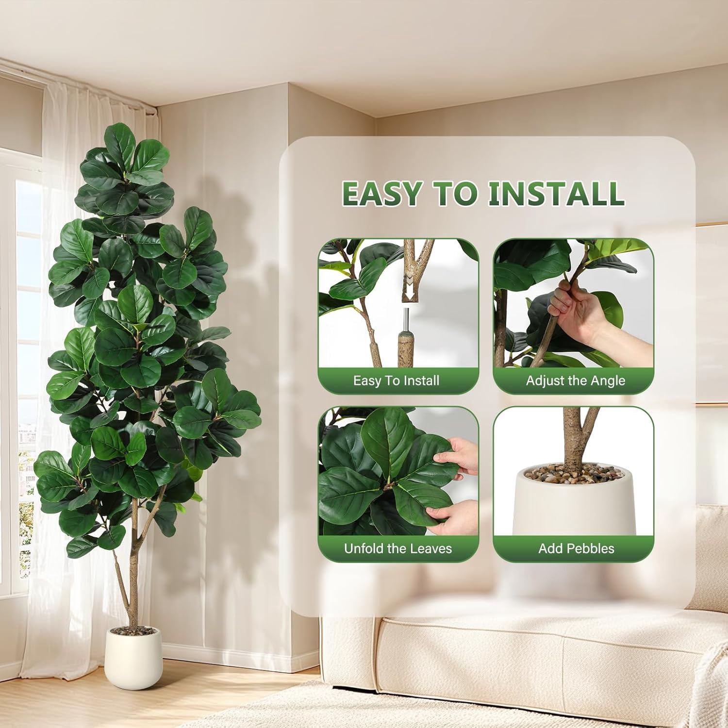 7 ft Fiddle Leaf Fig Tree Artificial with 141 Leaves - Realistic Faux Ficus Lyrata Trees in 9 in White Planter Pot, Indoor Fake Floor Plants for Home Office Living Room Decor, Housewarming Gift