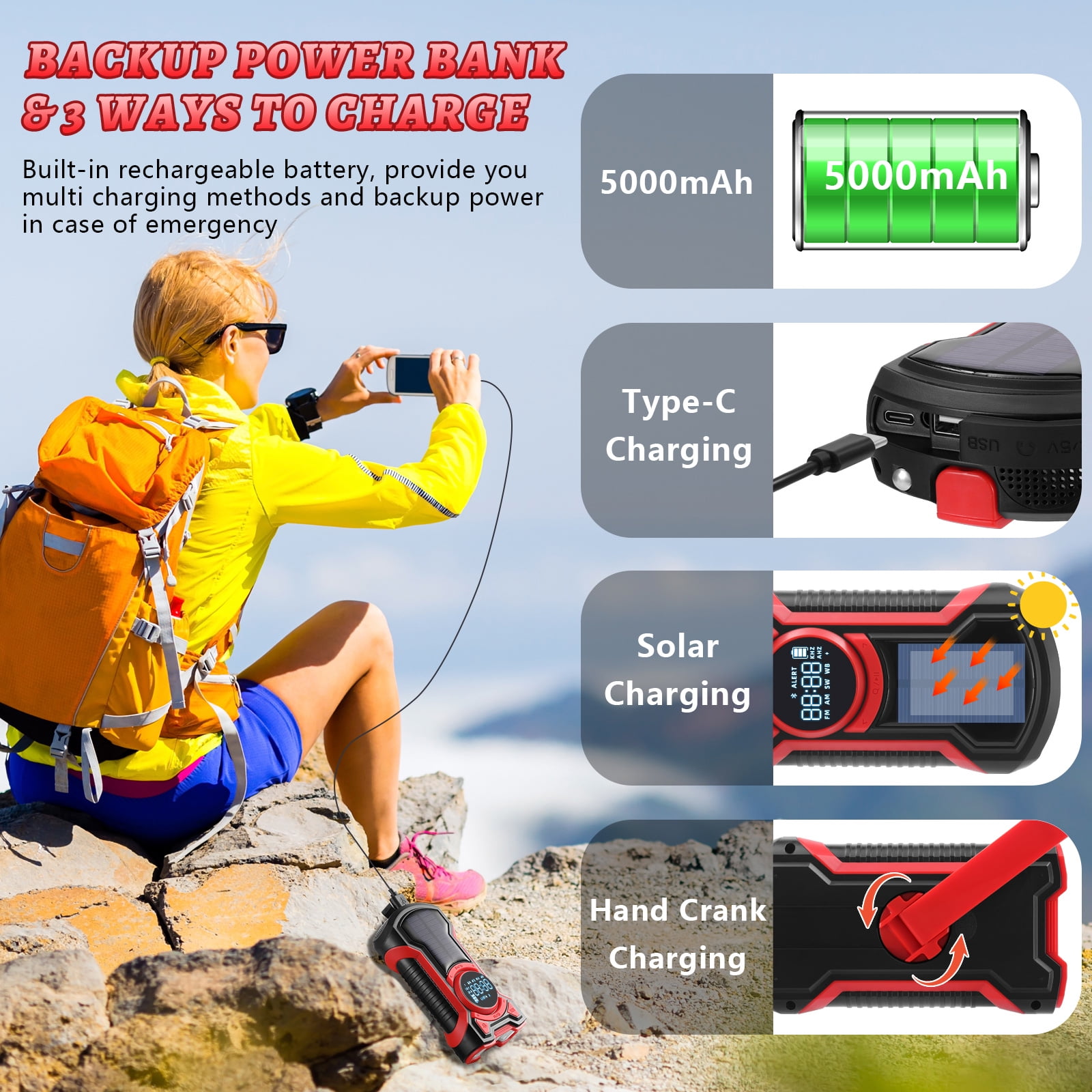 GEAK NOAA Weather Radio Solar Hand Crank Emergency Radio with Power Bank/SOS Alarm/Bluetooth Speaker/Flashlight for Home & Outdoor Hiking Camping Emergencies