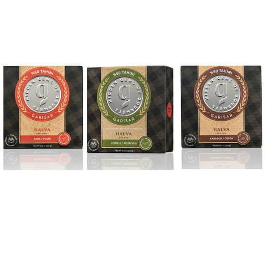 Garisar Tahini Halva 60% Tahini - Plain Halva- Pistachio Halva - Cacao Halva - Halvah - Turkish Halva - Halva - Candy Chocolate - Desserts - Middle Eastern Candy Turkish Sweets - (set of 3)