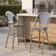 thumbnail image 1 of Euroco 2-Piece Outdoor Bar Stools, Armless PE Rattan Dining Chairs with Metal Frame, Stackable Patio Chairs, White/Blue, 1 of 15